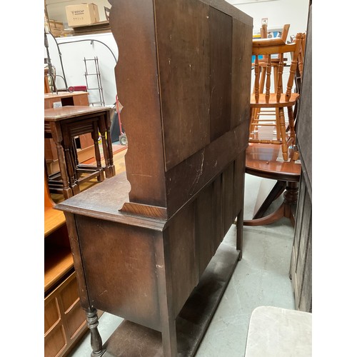 501 - VINTAGE DARK OAK DRESSER WITH CENTRAL DOOR FLANKED BY OPEN SHELVES TO TOP , BASE WITH 2 CENTRAL DRAW... 