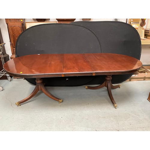 541 - REPRODUCTION MAHOGANY REGENCY STYLE TWIN PEDESTAL DINING TABLE WITH EXTRA LEAF H30”W78” D44”