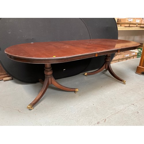 541 - REPRODUCTION MAHOGANY REGENCY STYLE TWIN PEDESTAL DINING TABLE WITH EXTRA LEAF H30”W78” D44”