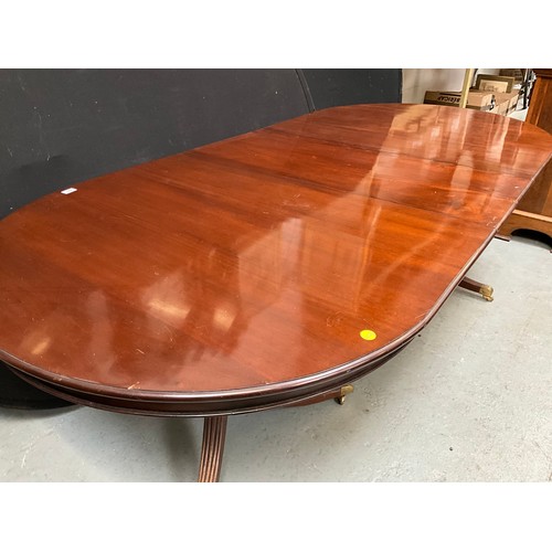 541 - REPRODUCTION MAHOGANY REGENCY STYLE TWIN PEDESTAL DINING TABLE WITH EXTRA LEAF H30”W78” D44”