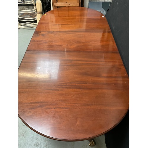 541 - REPRODUCTION MAHOGANY REGENCY STYLE TWIN PEDESTAL DINING TABLE WITH EXTRA LEAF H30”W78” D44”