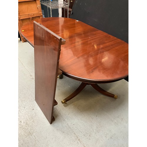 541 - REPRODUCTION MAHOGANY REGENCY STYLE TWIN PEDESTAL DINING TABLE WITH EXTRA LEAF H30”W78” D44”