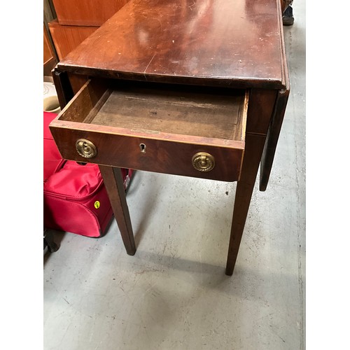 432 - EDWARDIAN MAHOGANY PEMBROKE TABLE WITH DRAWER TO END ON SABRE LEGS H28” W36” D36” - SUPPORTS WORMED