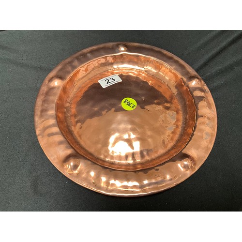 23 - ARTS & CRAFTS EMBOSSED COPPER CHARGER DIA 16” AND LOMBARD ENGLAND (IMPRESSED MARK) COPPER COLLECTION... 
