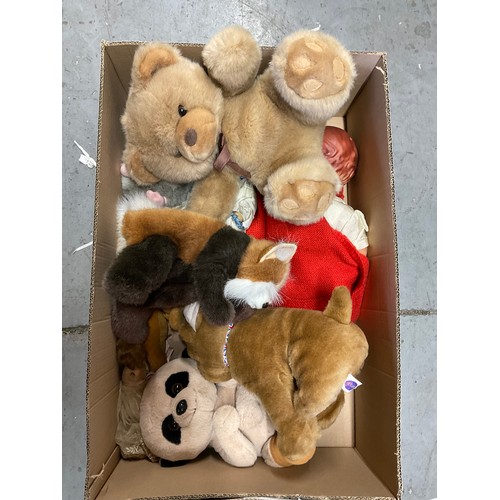 16 - TWO BOXES OF BOOKS AND A BOX OF CUDDLY TOYS