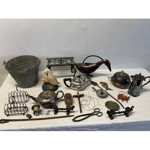 33 - BOX OF PLATEDWARE TO INCLUDE TEAPOT, TOAST RACK, COFFEE POT , TRIVET AND GALVANISED BUCKET