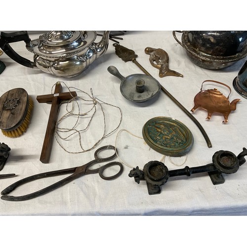 33 - BOX OF PLATEDWARE TO INCLUDE TEAPOT, TOAST RACK, COFFEE POT , TRIVET AND GALVANISED BUCKET