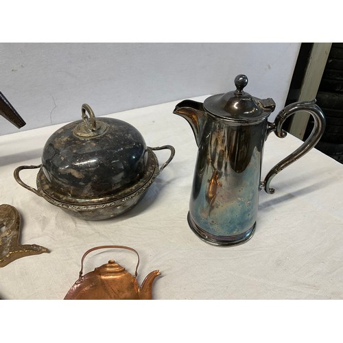 33 - BOX OF PLATEDWARE TO INCLUDE TEAPOT, TOAST RACK, COFFEE POT , TRIVET AND GALVANISED BUCKET