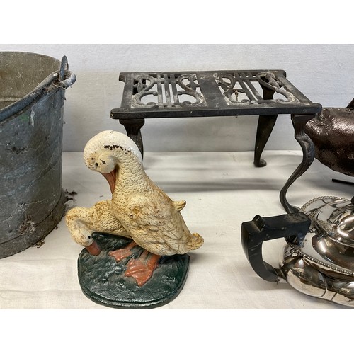 33 - BOX OF PLATEDWARE TO INCLUDE TEAPOT, TOAST RACK, COFFEE POT , TRIVET AND GALVANISED BUCKET