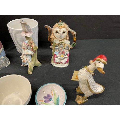 34 - BOX OF CHINA TO INCLUDE STUDIO POTTERY ITEMS, STAFFORDSHIRE BARN OWL TEA POT, GLASS HIPPO DECANTER E... 