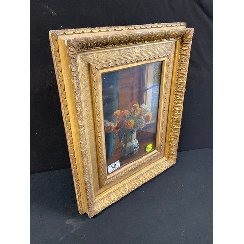 39 - GILT FRAMED OILS ON BOARD ENTITLED CHRYSANTHEMUMS  DATED 1898