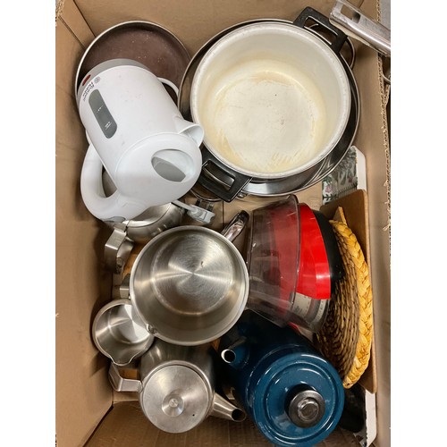 40 - THREE BOXES OF KITCHENWARE TO INCLUDE SAUCEPANS, STEAMER , FRYING PANS WEIGHING SCALES , BAKING TINS... 