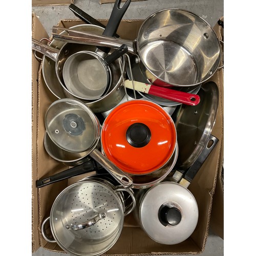 40 - THREE BOXES OF KITCHENWARE TO INCLUDE SAUCEPANS, STEAMER , FRYING PANS WEIGHING SCALES , BAKING TINS... 