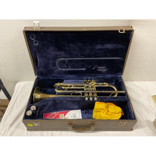 45 - BRASS AMERICAN ENGRAVED TRUMPET IN CASE WITH TWO MOUTHPIECES