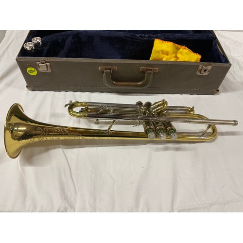 45 - BRASS AMERICAN ENGRAVED TRUMPET IN CASE WITH TWO MOUTHPIECES