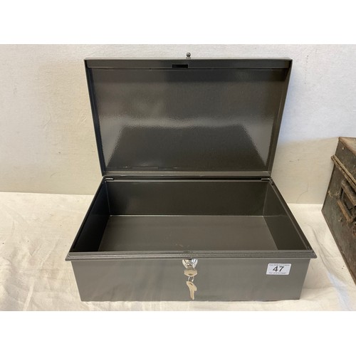 47 - VINTAGE METAL DEED BOX AND A MODERN BOX COMPLETE WITH KEY