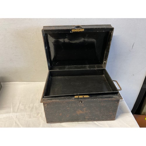 47 - VINTAGE METAL DEED BOX AND A MODERN BOX COMPLETE WITH KEY