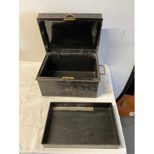 47 - VINTAGE METAL DEED BOX AND A MODERN BOX COMPLETE WITH KEY