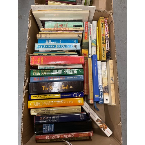 56 - THREE BOXES OF BOOKS TO INCLUDE PAPERBACKS , DVDS ETC