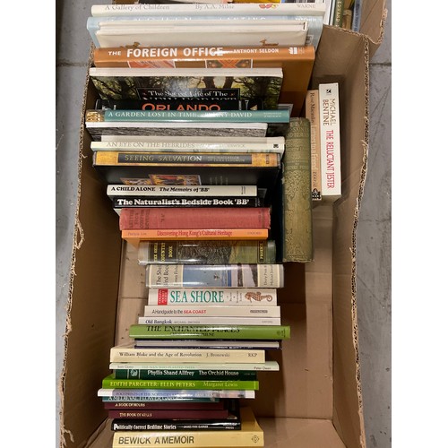 56 - THREE BOXES OF BOOKS TO INCLUDE PAPERBACKS , DVDS ETC