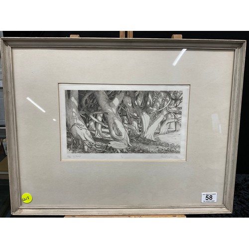 58 - VINTAGE FRAMED PICTURE PENCIL SIGNED TO MARGIN CHAS CHAPLIN ENTITLED EDGE OF FOREST EXHIBITED AT ROY... 