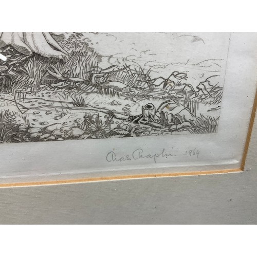 58 - VINTAGE FRAMED PICTURE PENCIL SIGNED TO MARGIN CHAS CHAPLIN ENTITLED EDGE OF FOREST EXHIBITED AT ROY... 