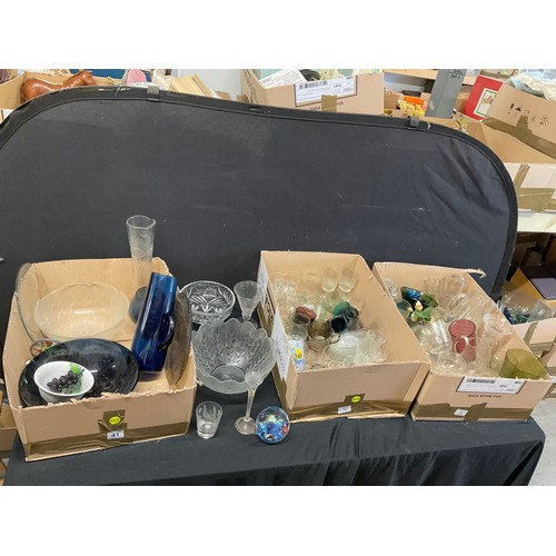 41 - THREE BOXES OF GLASSWARE TO INCLUDE FRUIT BOWLS, VASES, GLASSES ETC