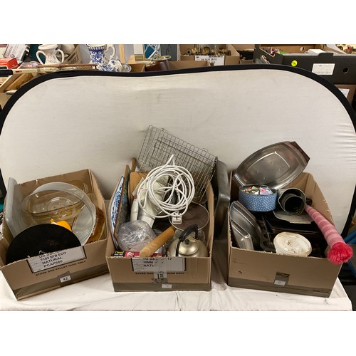 42 - THREE BOXES OF KITCHENWARE TO INCLUDE BAKING TIN, CASSEROLE DISHES, WALL CLOCK ETC