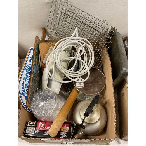 42 - THREE BOXES OF KITCHENWARE TO INCLUDE BAKING TIN, CASSEROLE DISHES, WALL CLOCK ETC