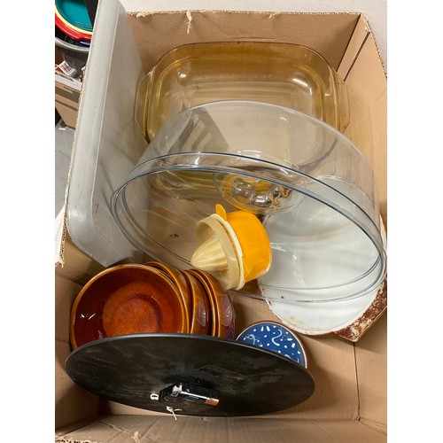 42 - THREE BOXES OF KITCHENWARE TO INCLUDE BAKING TIN, CASSEROLE DISHES, WALL CLOCK ETC