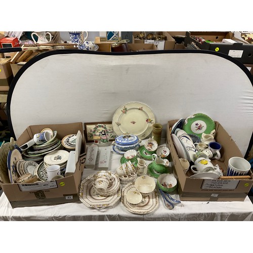 43 - TWO BOXES OF CHINA TO INCLUDE A STAFFORDSHIRE FLATBACK FIGURE , GRINDLEY LARGE PLATE, CUPS ETC