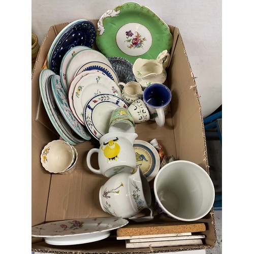 43 - TWO BOXES OF CHINA TO INCLUDE A STAFFORDSHIRE FLATBACK FIGURE , GRINDLEY LARGE PLATE, CUPS ETC