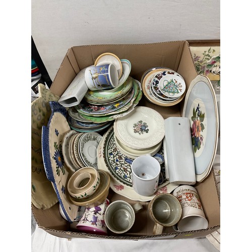 43 - TWO BOXES OF CHINA TO INCLUDE A STAFFORDSHIRE FLATBACK FIGURE , GRINDLEY LARGE PLATE, CUPS ETC