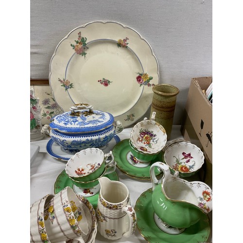 43 - TWO BOXES OF CHINA TO INCLUDE A STAFFORDSHIRE FLATBACK FIGURE , GRINDLEY LARGE PLATE, CUPS ETC