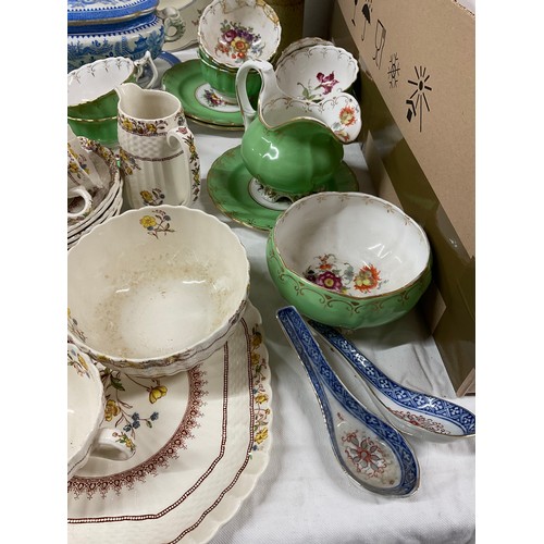 43 - TWO BOXES OF CHINA TO INCLUDE A STAFFORDSHIRE FLATBACK FIGURE , GRINDLEY LARGE PLATE, CUPS ETC