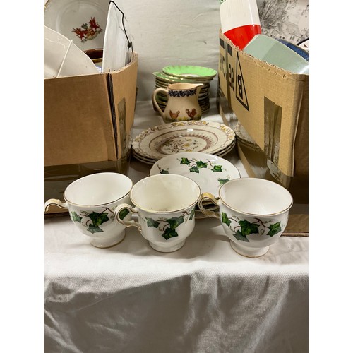 44 - THREE BOXES OF CHINA TO INCLUDE CUPS, SAUCERS, BOWLS,PLATES ETC