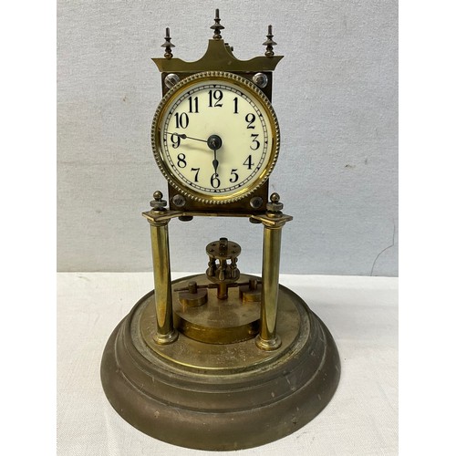 123 - BRASS ENAMEL FACED CLOCK UNDER GLASS DOME