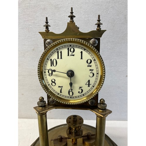 123 - BRASS ENAMEL FACED CLOCK UNDER GLASS DOME