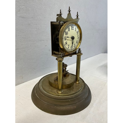 123 - BRASS ENAMEL FACED CLOCK UNDER GLASS DOME