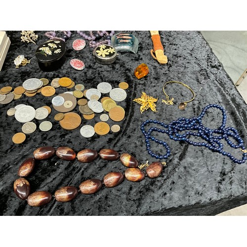 145 - LARGE QUANTITY OF COSTUME JEWELLERY TO INCLUDE NECKLACES, EARINGS, CLIP ON EARINGS , BAG OF COINAGE ... 