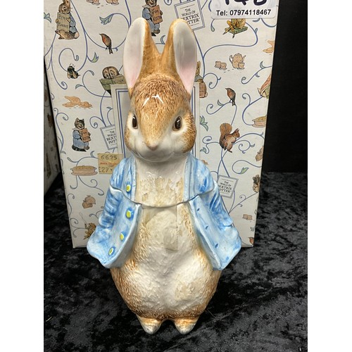 148 - QUANTITY OF BEATRIX POTTER TO INCLUDE MRS TIGGYWINKLE COOKIE JAR, PETER RABBIT JAR ETC WITH PRESENTA... 