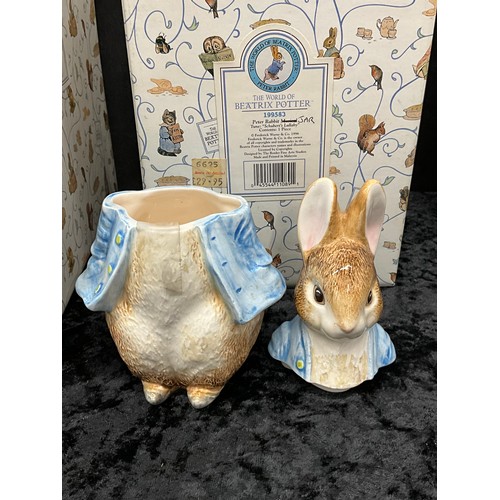 148 - QUANTITY OF BEATRIX POTTER TO INCLUDE MRS TIGGYWINKLE COOKIE JAR, PETER RABBIT JAR ETC WITH PRESENTA... 