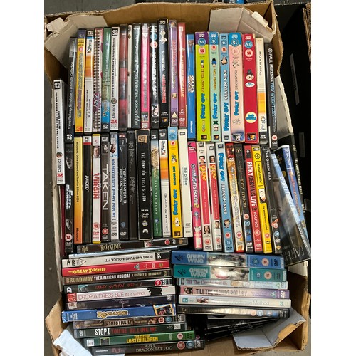 316 - FOUR BOXES OF DVDS , KITCHENWARE TO INCLUDE SAUCEPANS, MIXING BOWLS ETC AND A BAG OF CUDDLY TOYS