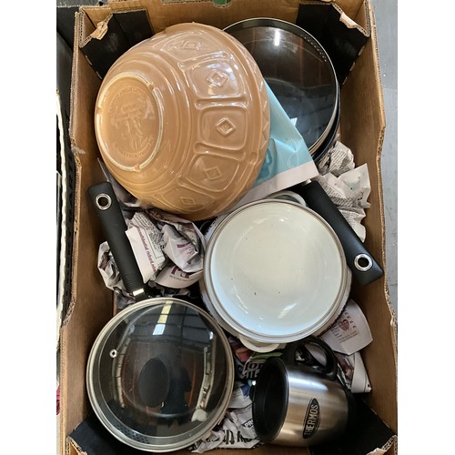 316 - FOUR BOXES OF DVDS , KITCHENWARE TO INCLUDE SAUCEPANS, MIXING BOWLS ETC AND A BAG OF CUDDLY TOYS