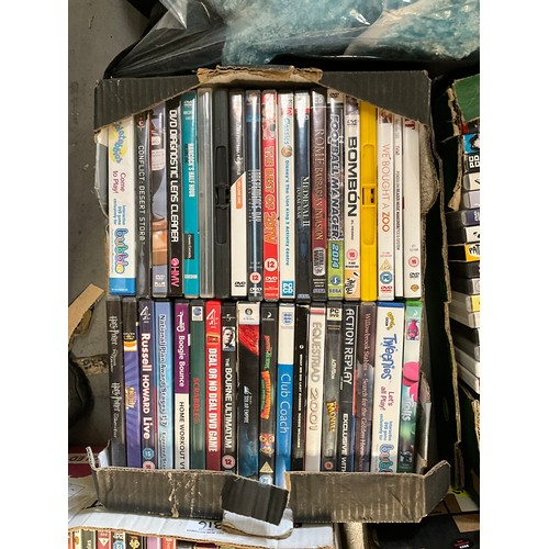 316 - FOUR BOXES OF DVDS , KITCHENWARE TO INCLUDE SAUCEPANS, MIXING BOWLS ETC AND A BAG OF CUDDLY TOYS