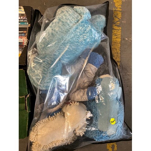 316 - FOUR BOXES OF DVDS , KITCHENWARE TO INCLUDE SAUCEPANS, MIXING BOWLS ETC AND A BAG OF CUDDLY TOYS