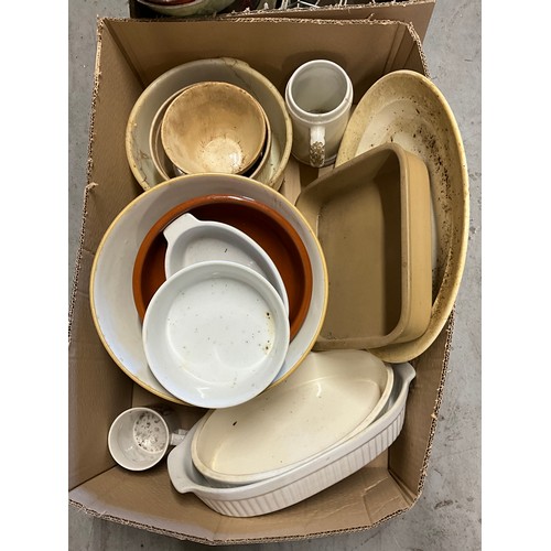 307 - TWO BOXES OF ODDS TO INCLUDE SAUCEPANS, PICTURES, BAKING TINS,MIXING BOWLS, CASSEROLE DISHES ETC