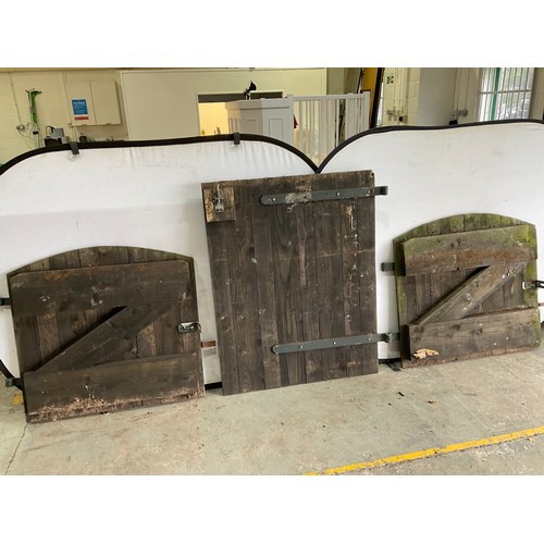 359 - THREE VINTAGE OIL SOAKED WOODEN GATES WITH IRON FURNITURE , ONE IS 37' X 48' TWO ARE 37' X 36'