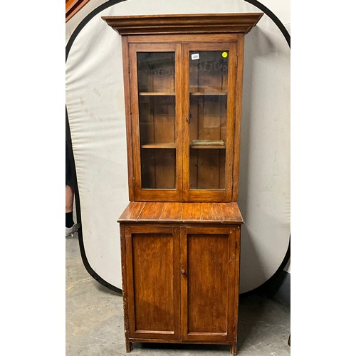 481 - VICTORIAN PINE GLASS TOPPED DISPLAY CUPBOARD WITH TWO DOORS BELOW A/F H71