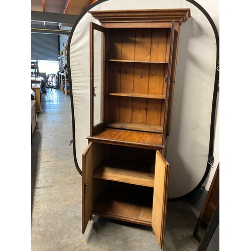 481 - VICTORIAN PINE GLASS TOPPED DISPLAY CUPBOARD WITH TWO DOORS BELOW A/F H71